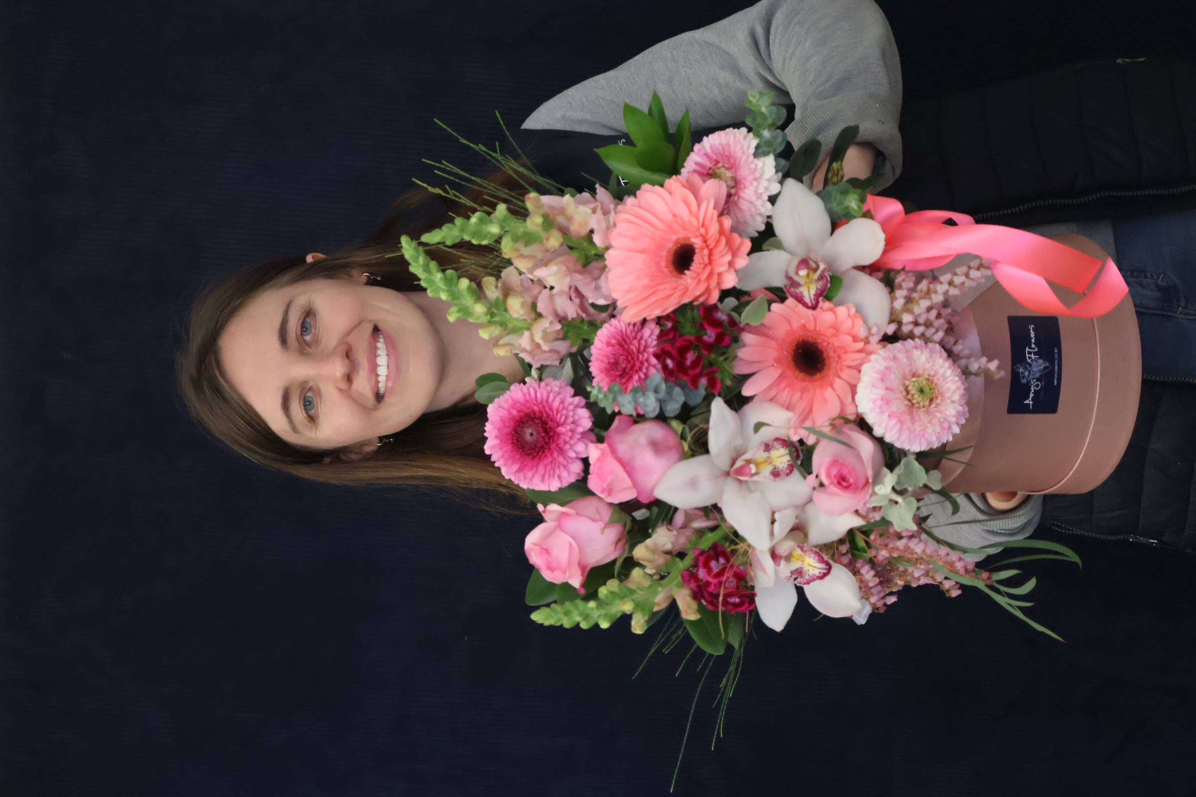 Real Hat Box | Tickle me Pink order made by Amy's Flowers
