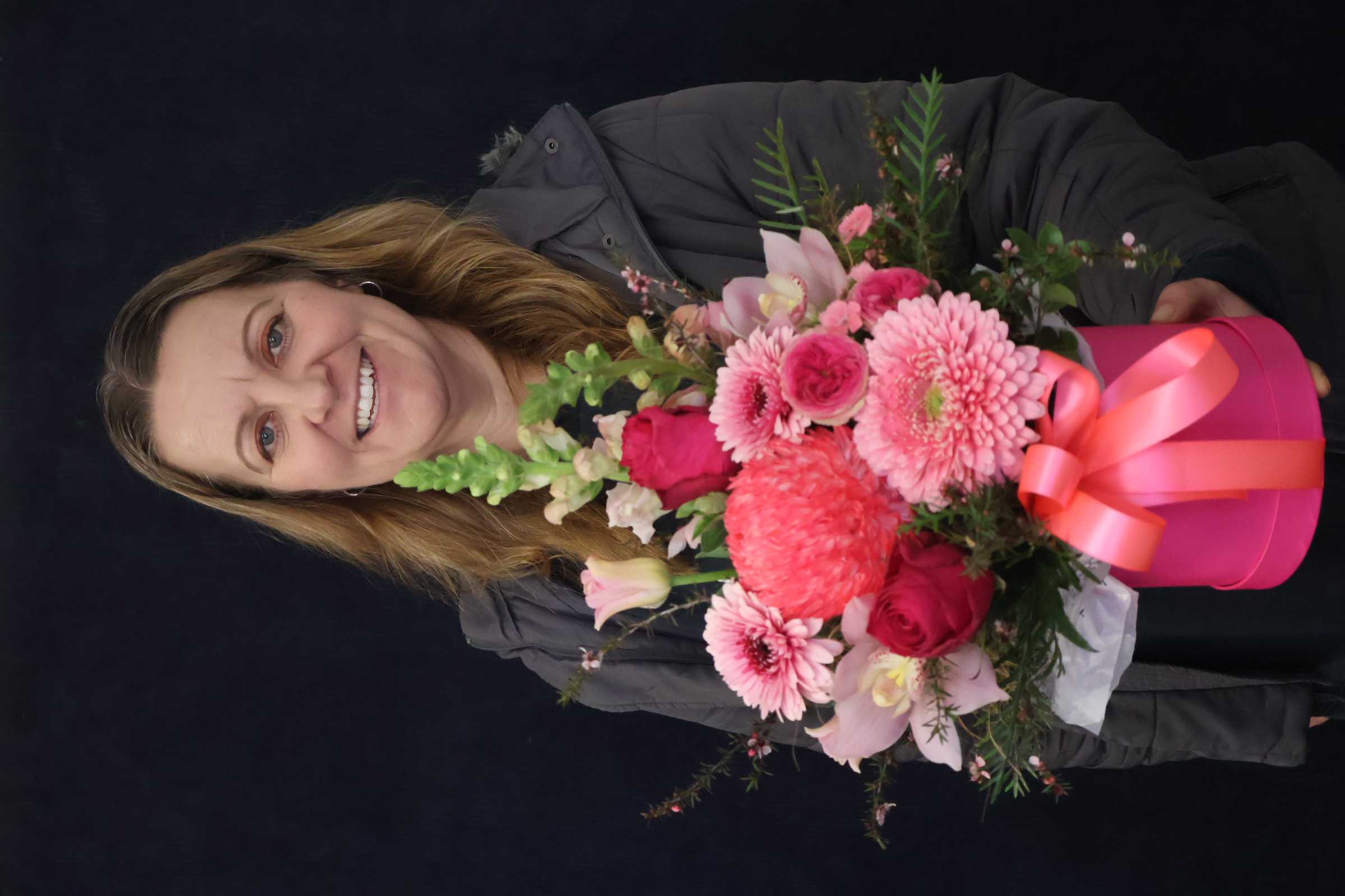 Real Hat Box | Tickle me Pink order made by Amy's Flowers